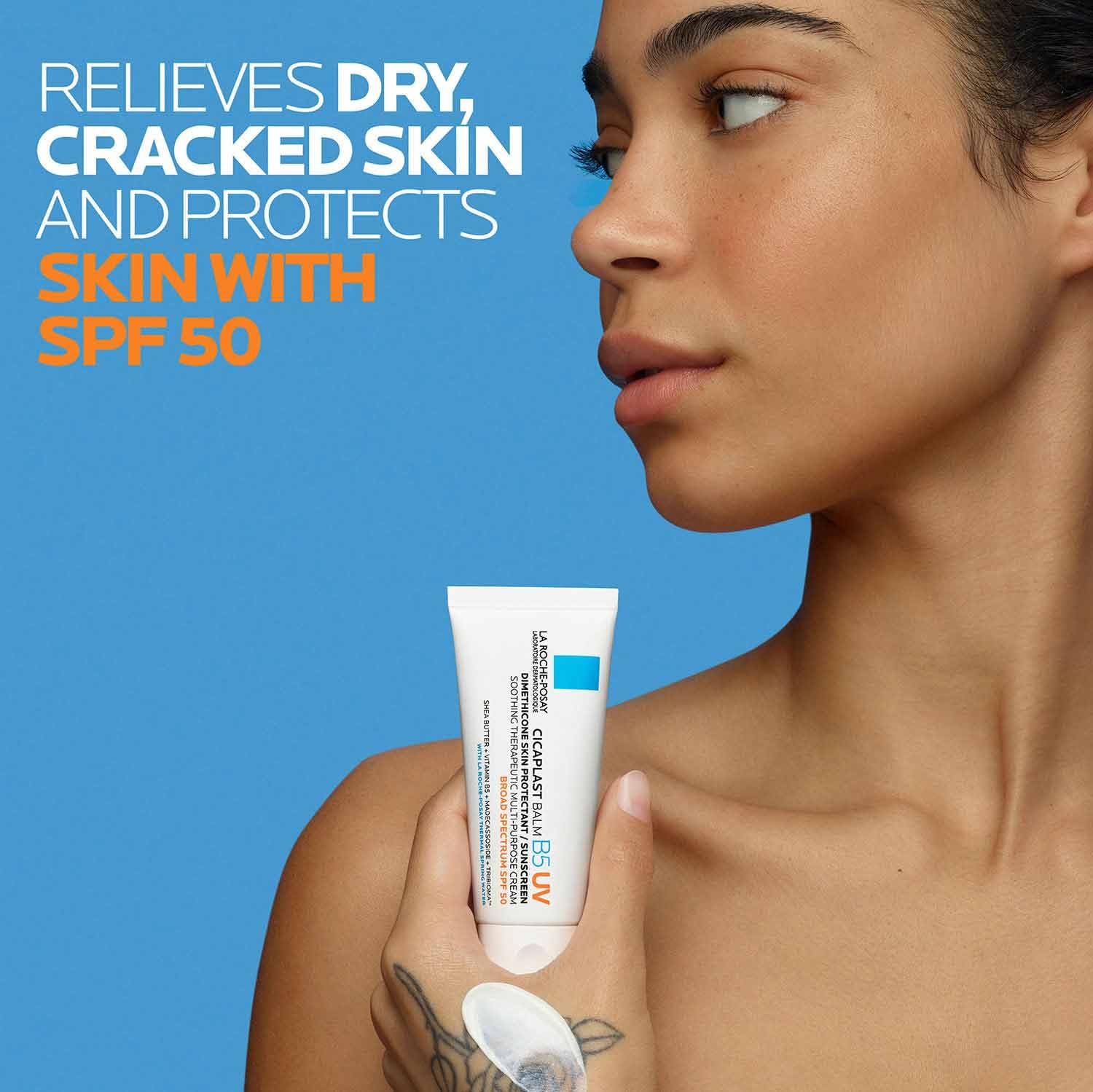 La Roche-Posay Cicaplast Balm B5 UV SPF 50, Vitamin B5 + Shea Butter + Tribioma + Madecassoside + Zinc Oxide Sunscreen, Post Treatment Skin Protectant With SPF, Multi-PLrpose Cream For Dry Skin