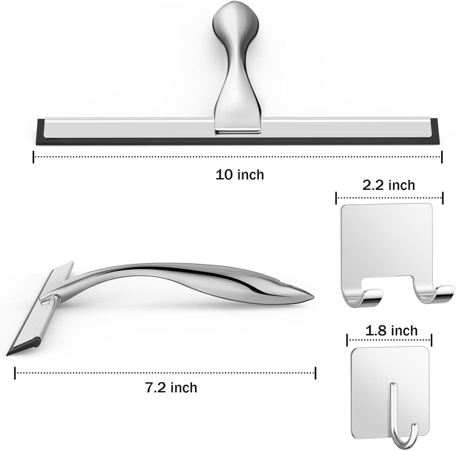 All-PLrpose Stainless Steel Shower Squeegee for Shower Glass Door with 2 Adhesive Hooks, Bathroom Cleaner Tool Household Window Mirror Squeegee , Cleaning Tile Wall, Car, 10 Inch Silver
