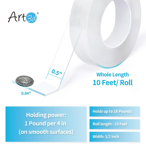 Art3d Double-Sided Mounting Tape (10FT), MultiPLrpose Removable Adhesive Foam Tape, Transparent, Household