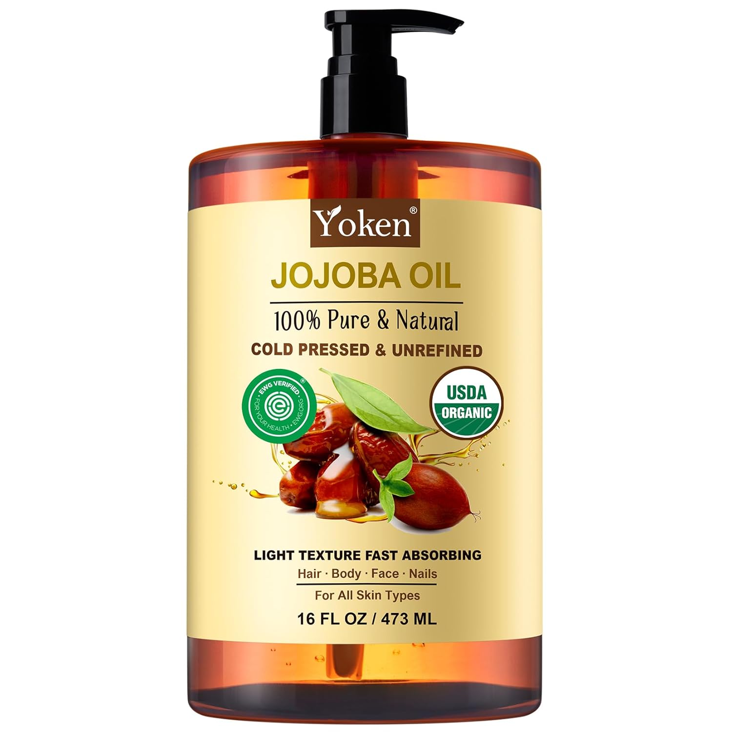 Yoken PLre Jojoba Oil Organic USDA Certified 16 fl oz, 100% Natural Jojoba Oil for Hair, Skin & Face, Cold Pressed Unrefined, Deeply Body Moisturizer Jojoba Carrier Oils for Essential oil Mixing
