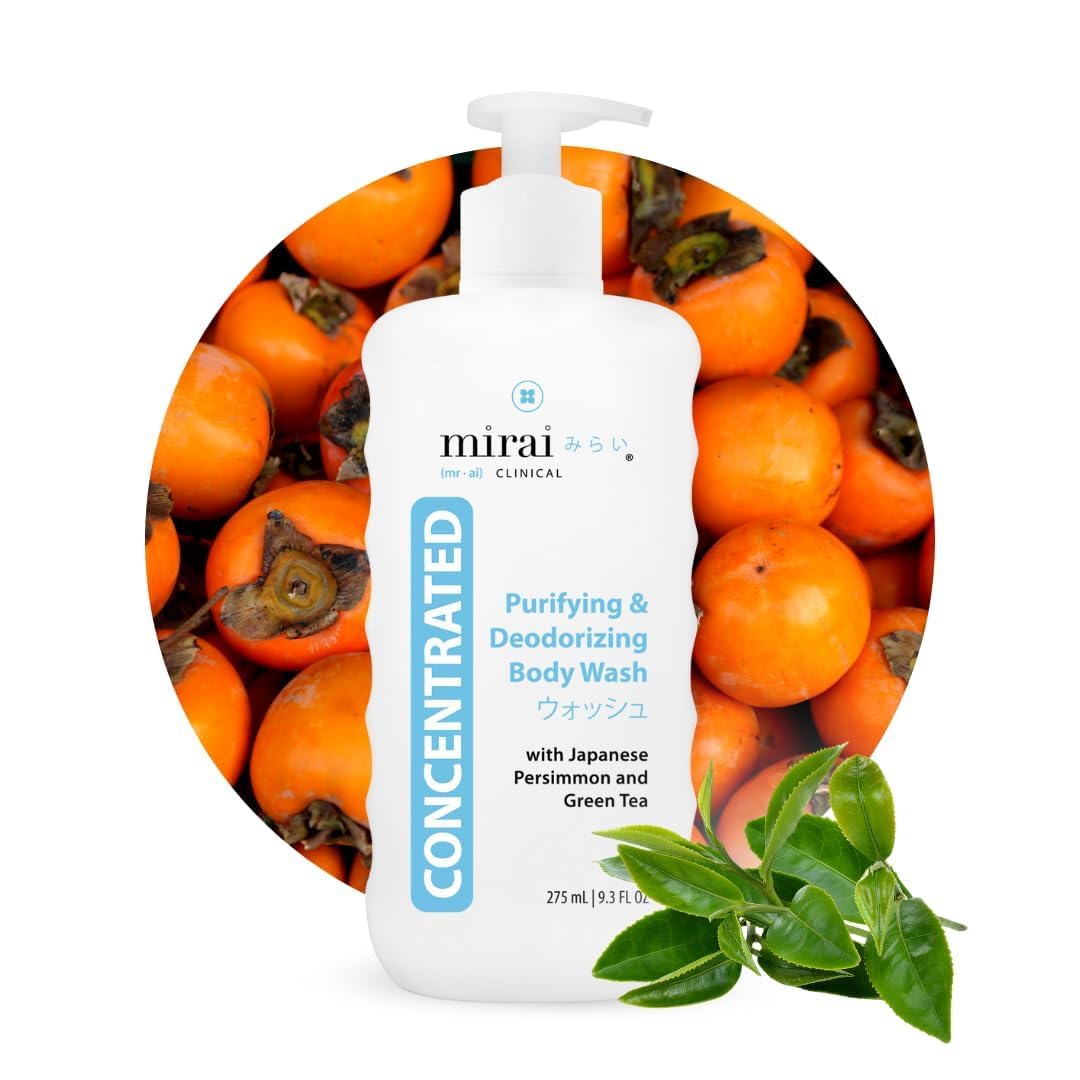 Mirai Clinical Body Wash for Strong Body Odor - Renewing Body PLrifying & Deodorizing with Natural Persimmon & Green Tea Extracts - Nonenal® Eliminator for Women & Men - 9.29 Fl oz