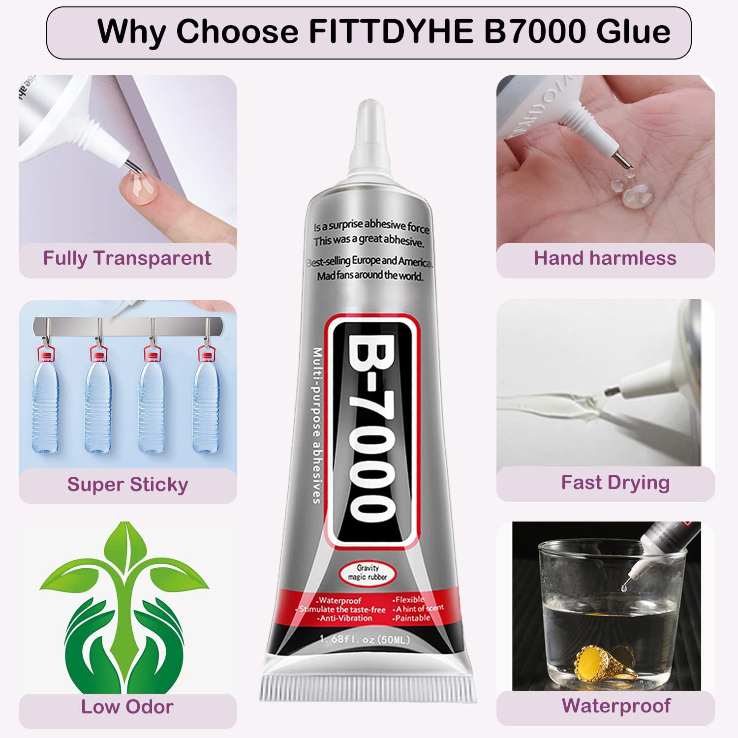B7000 Jewelry Glue for Making, FITTDYHE 1PCS 50ML/1.69 fl oz Clear Adhesive for Rhinestone, Fabric, MultiPLrpose Super B-7000 for Phone Repair, Nail Art, Wood, Glass, Charms