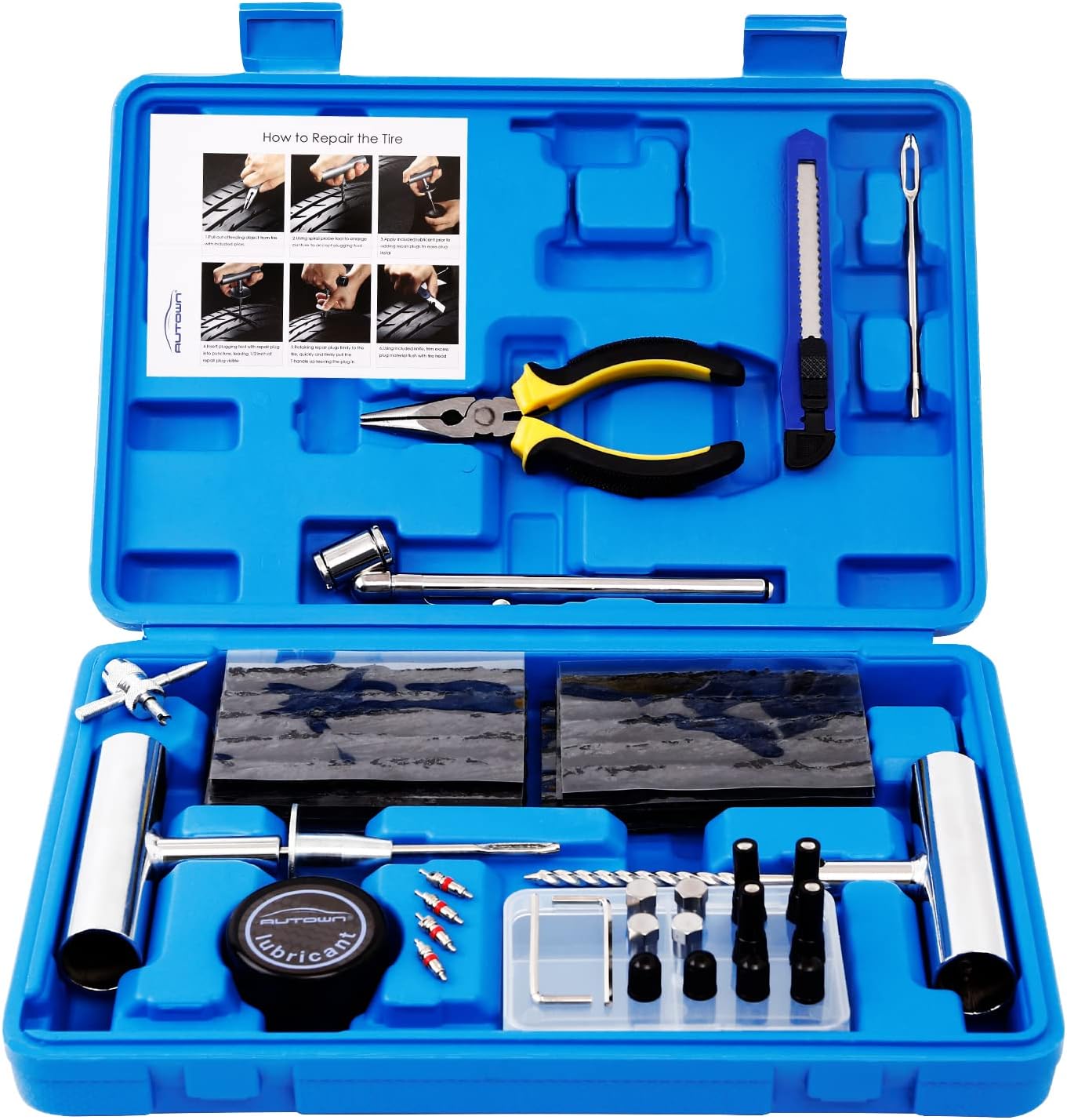 AUTOWN Tire Repair Kit - 68pcs Heavy Duty Tire Plug Kit, Universal Tire Repair Tools to Fix PLnctures and Plug Flats Patch Kit for car Motorcycle, Truck, ARB，ATV, Tractor, RV, SUV, Trailer