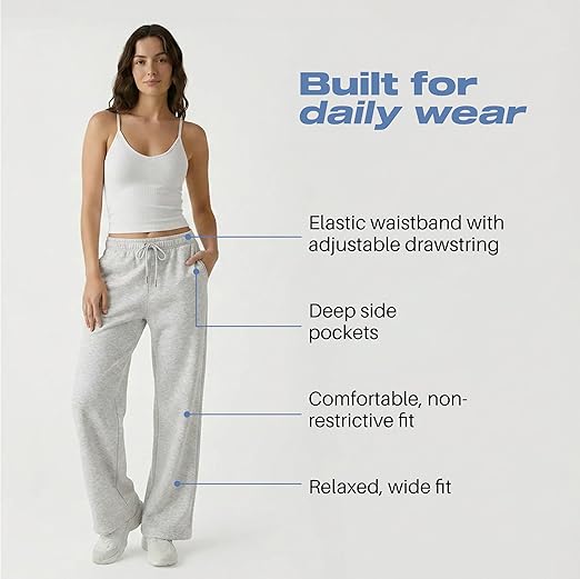 Common Stitch 3 Pack Wide Leg Fleece Lounge Sweatpants for Women — Deep Pockets, Relaxed Fit, Elastic Drawstring Waist
