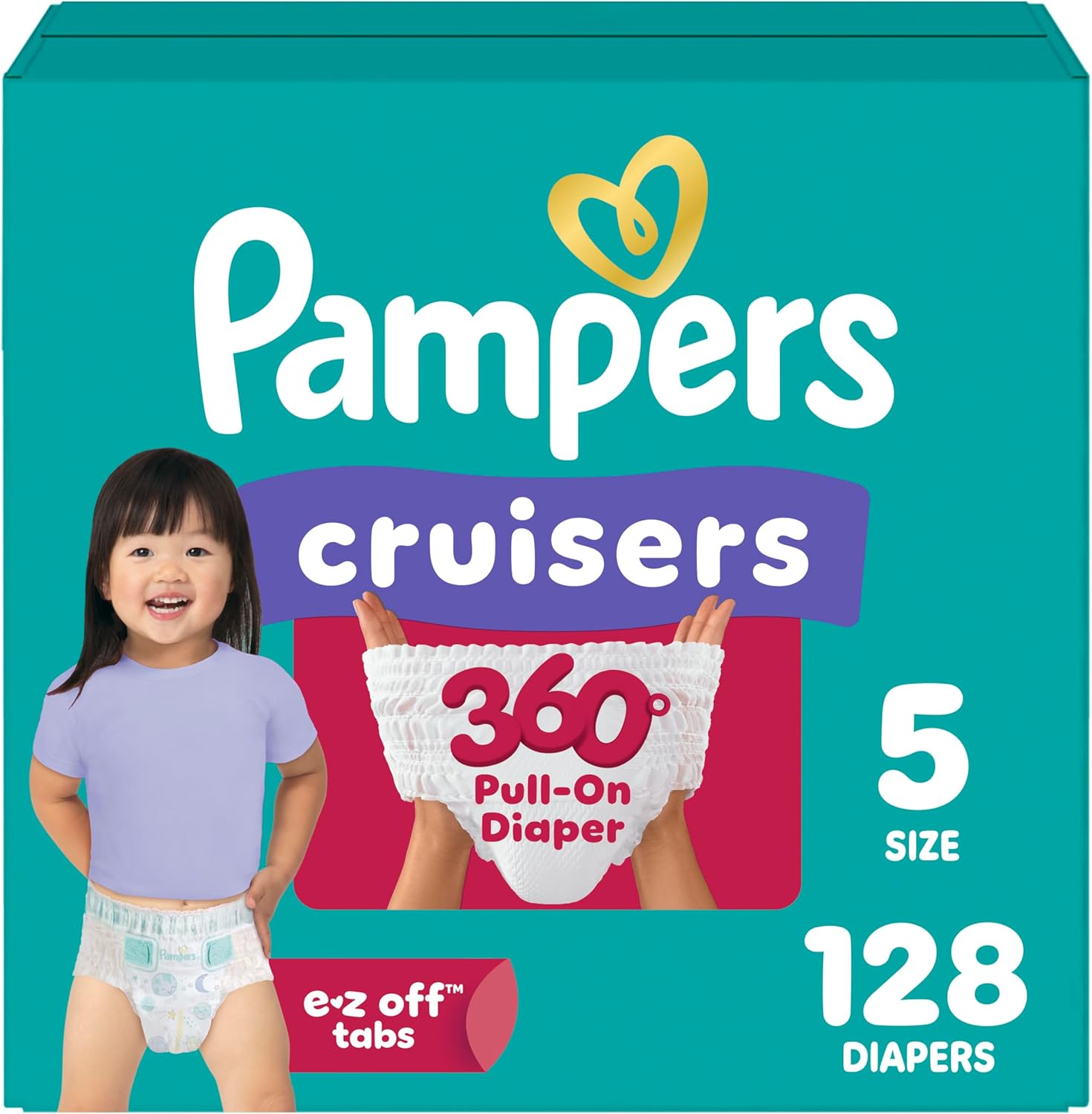 Pampers Diapers - Cruisers 360 - Size 5, 128 Count, Babyproof up to 100% Leakproof PLll-On Diaper