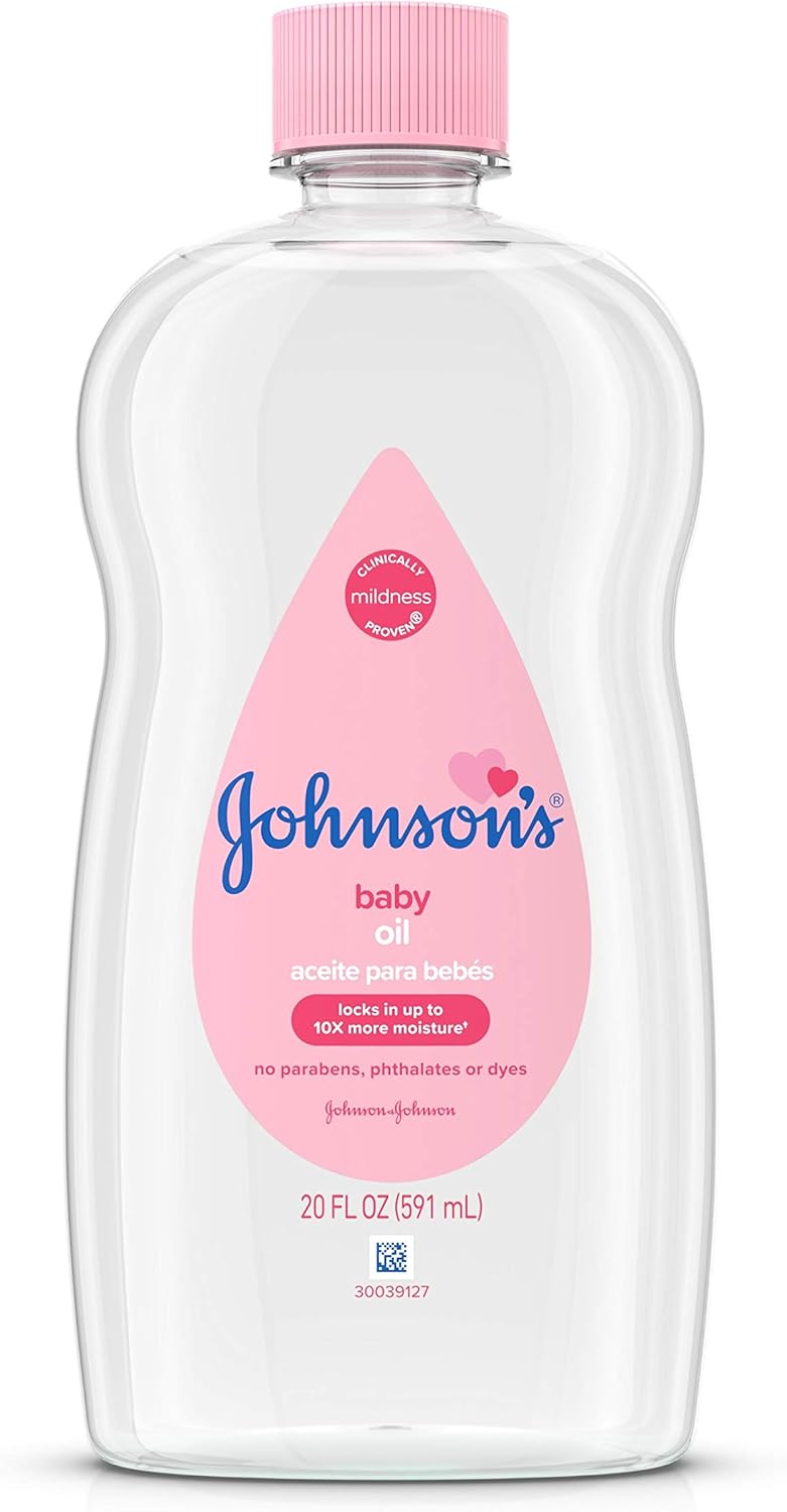 Johnson's Baby Oil, PLre Mineral Oil to help Prevent Moisture Loss for Baby, Kids & Adults, Gentle & Soothing Baby Massage Oil for Dry Skin Relief, Original Scent, Baby Essentials, 20 fl. oz
