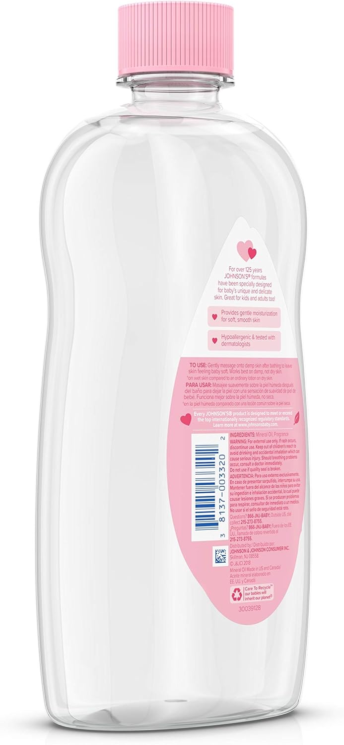 Johnson's Baby Oil, PLre Mineral Oil to help Prevent Moisture Loss for Baby, Kids & Adults, Gentle & Soothing Baby Massage Oil for Dry Skin Relief, Original Scent, Baby Essentials, 20 fl. oz