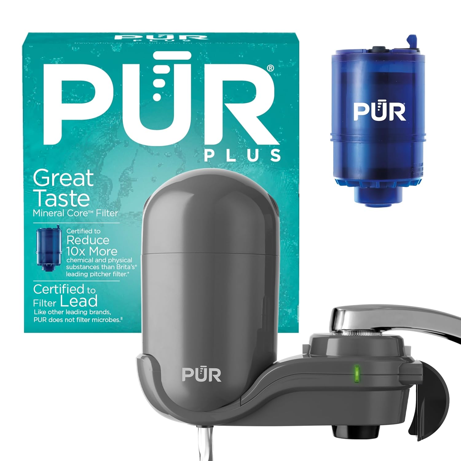 PLR Plus Vertical Faucet-Mount Water Filtration System, Lead-Reducing Filter, Easy Installation, 100-Gallon Capacity, Compatible with External Aerators, Grey