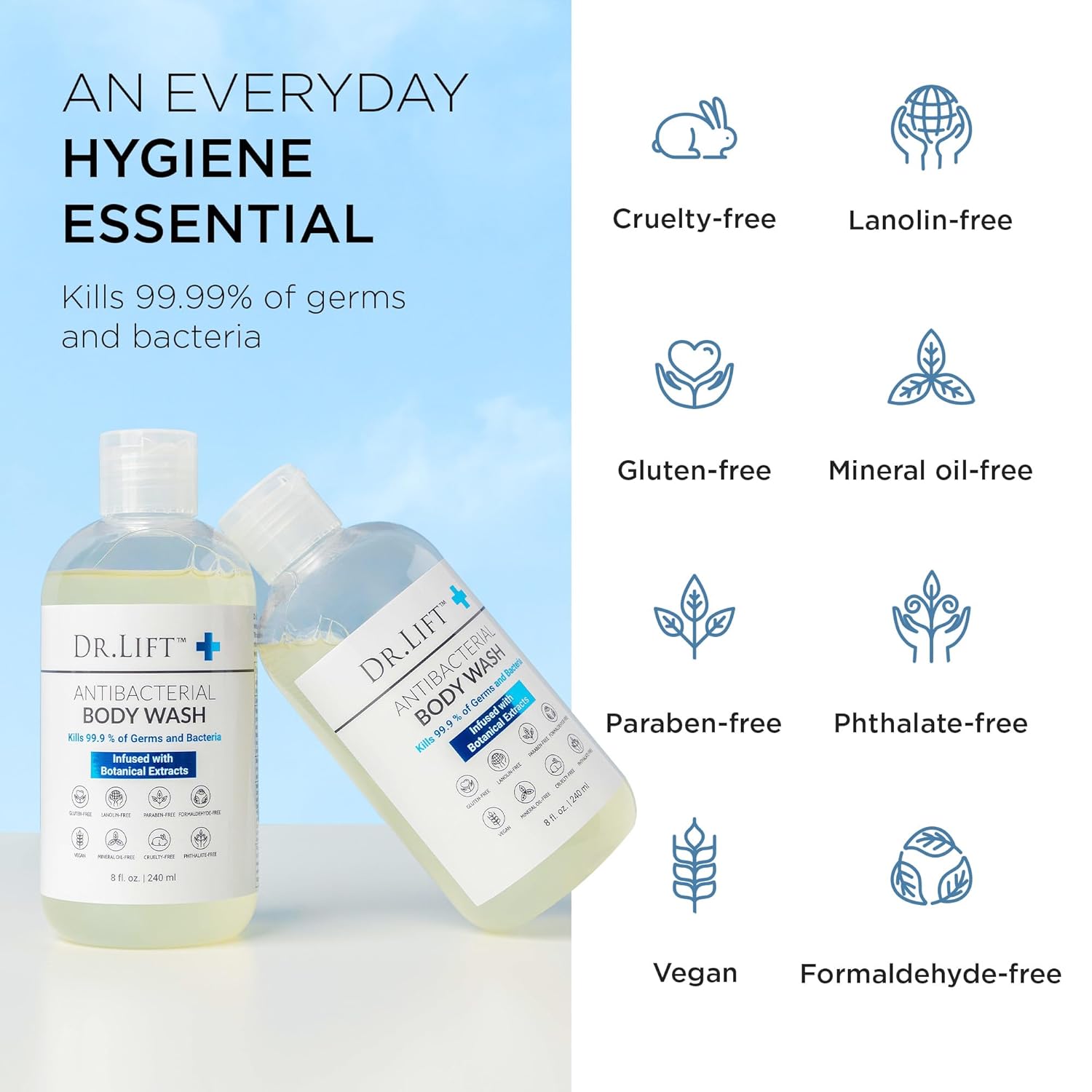DR. LIFT Antibacterial Body Wash, Refreshing Scent, Hydrating Shower or Bath Cleanser With Citric Acid, Spirulina, and Lemon, Clean Moisturizing Formula, Vegan, Paraben and Phthalate Free, 8 Fl Oz