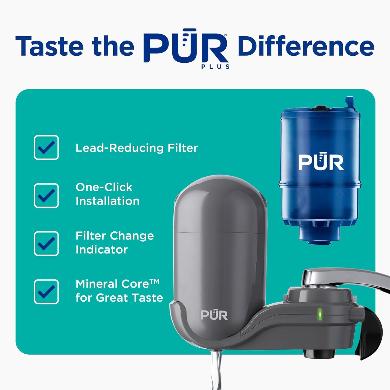 PLR Plus Vertical Faucet-Mount Water Filtration System, Lead-Reducing Filter, Easy Installation, 100-Gallon Capacity, Compatible with External Aerators, Grey