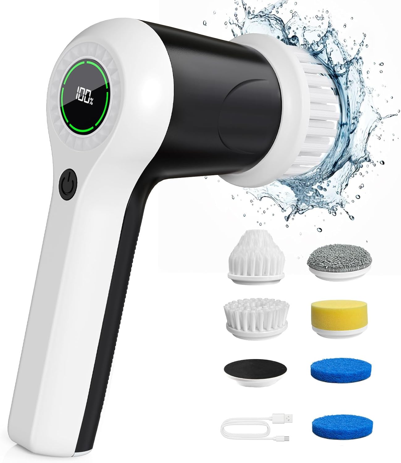 PLFTEM Electric Spin Scrubber, Cordless Shower Scrubber with Battery Level Display, 2 Speeds Electric Scrubber for Cleaning with 6 Replaceable Heads, Cleaning Brush for Bathroom/Sink/Window