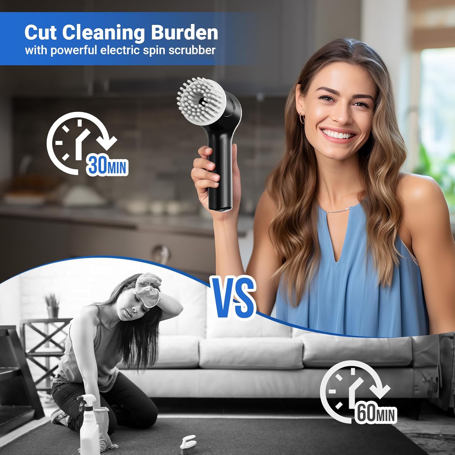 PLFTEM Electric Spin Scrubber, Cordless Shower Scrubber with Battery Level Display, 2 Speeds Electric Scrubber for Cleaning with 6 Replaceable Heads, Cleaning Brush for Bathroom/Sink/Window