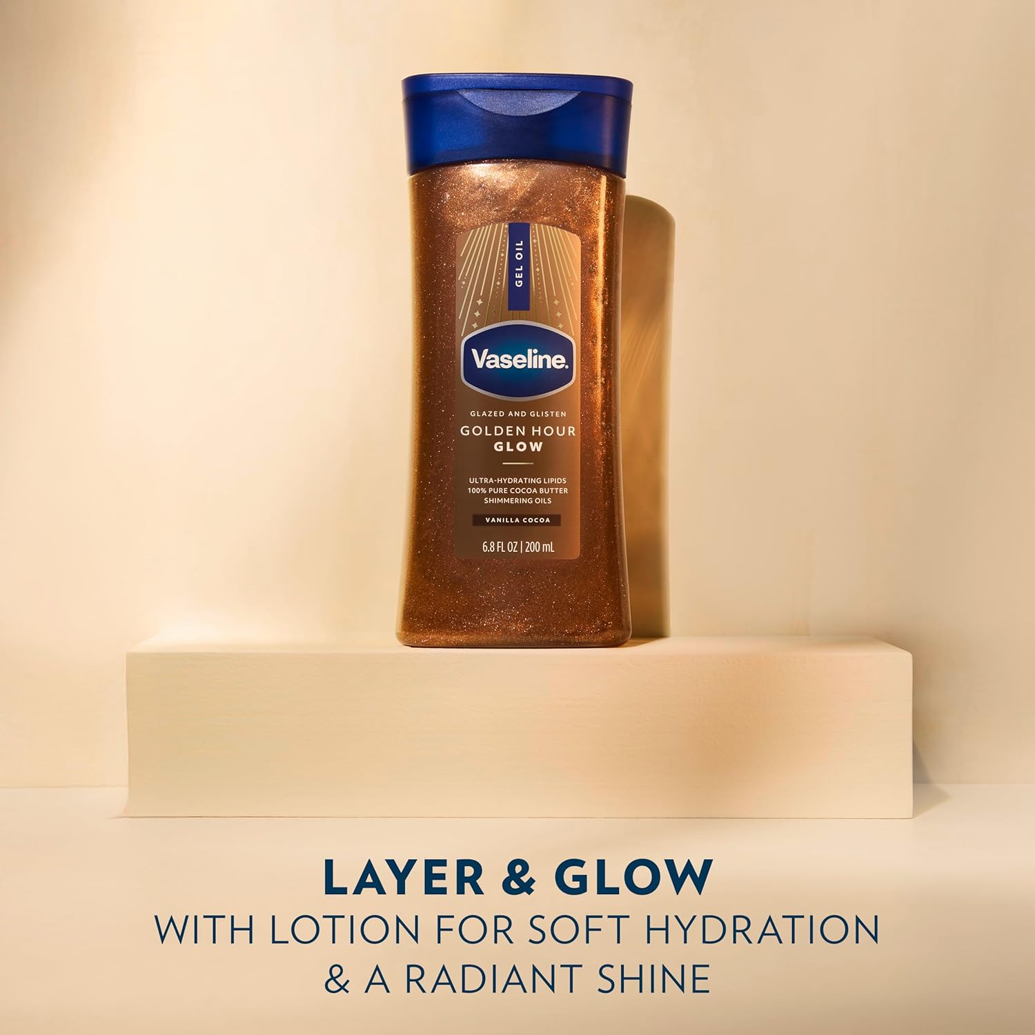 Vaseline Glazed and Glisten Golden Hour Body Gel Oil Glow Vanilla Cocoa Shimmering with Ultra-Hydrating Lipids and 100% PLre Cocoa Butter, 6.8 Oz
