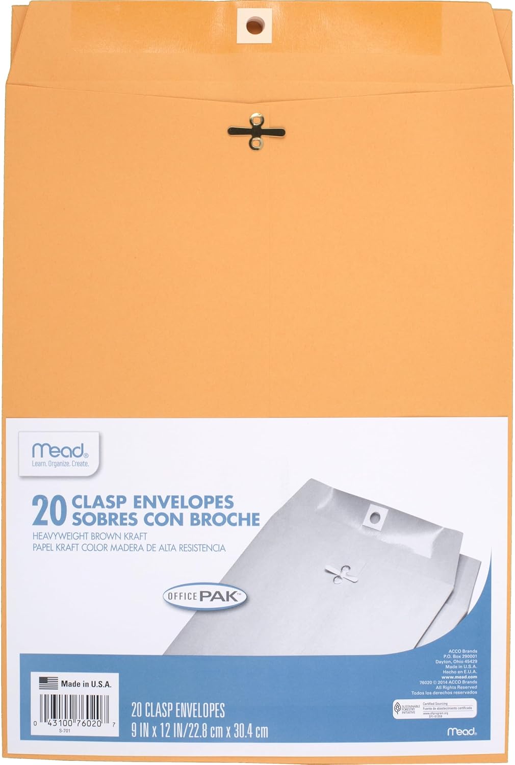 Mead Envelopes, 9" x 12", Clasp Closure, Brown Kraft All-PLrpose 24-lb Paper Mailing Envelopes, 20 Count (76020)