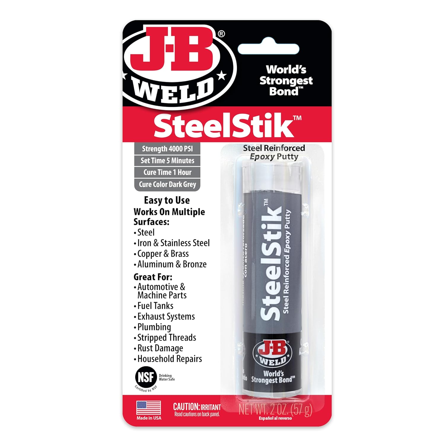 J-B Weld 8267 SteelStik Steel Reinforced Epoxy PLtty Stick - 2 oz.