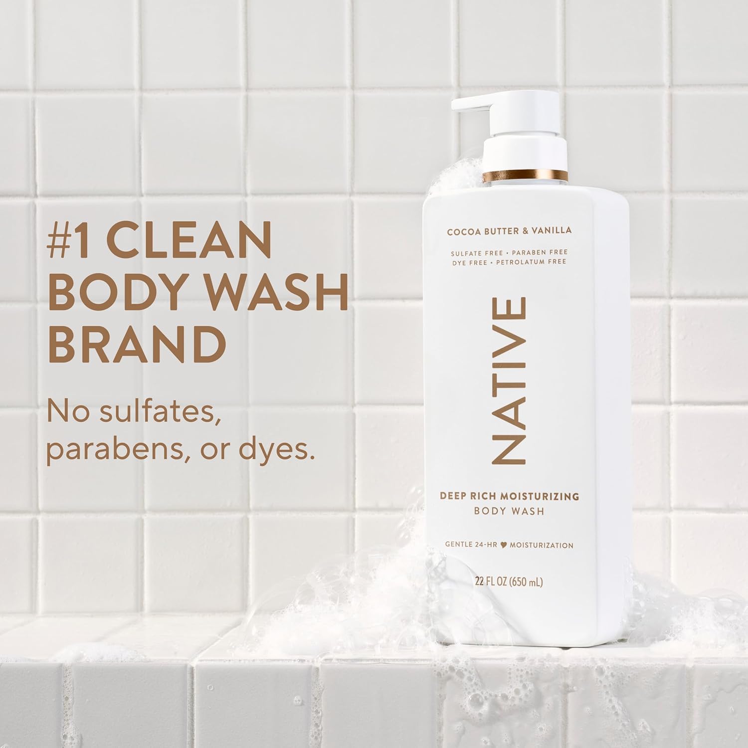 Native Moisturizing Body Wash, Cocoa Butter & Vanilla, 24-Hour Hydration for Dry Skin, Made with Real Shea Butter, Sulfate & Paraben Free, 22 oz