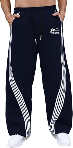 GORGLITTER Men's Baggy Wide Leg Sweatpants Y2K Striped Side Drawstring Waist Barrel Track Pants with Pockets