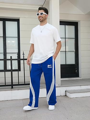 GORGLITTER Men's Baggy Wide Leg Sweatpants Y2K Striped Side Drawstring Waist Barrel Track Pants with Pockets
