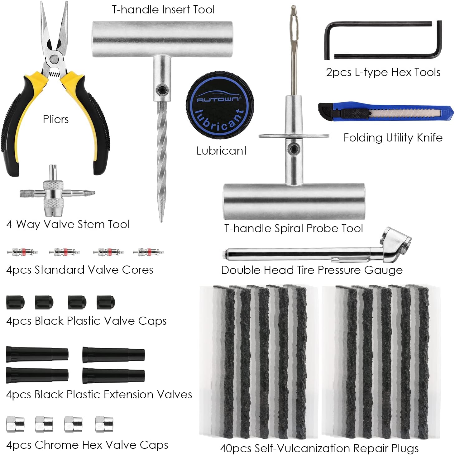 AUTOWN Tire Repair Kit - 68pcs Heavy Duty Tire Plug Kit, Universal Tire Repair Tools to Fix PLnctures and Plug Flats Patch Kit for car Motorcycle, Truck, ARB，ATV, Tractor, RV, SUV, Trailer