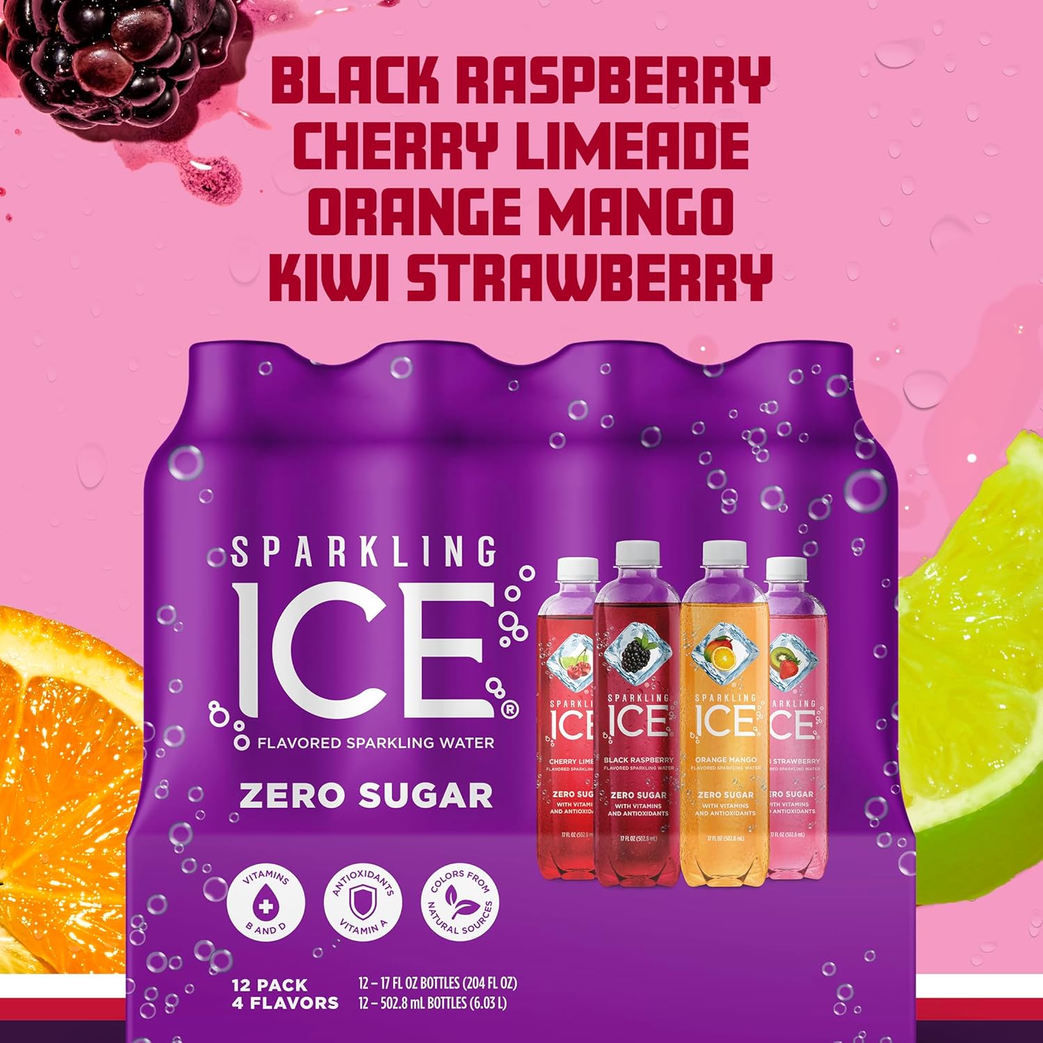 Sparkling Ice PLrple Variety Pack, Flavored Water, Zero Sugar, with Vitamins and Antioxidants, 17 fl oz, 12 count (Black Raspberry, Cherry Limeade, Orange Mango, Kiwi Strawberry)