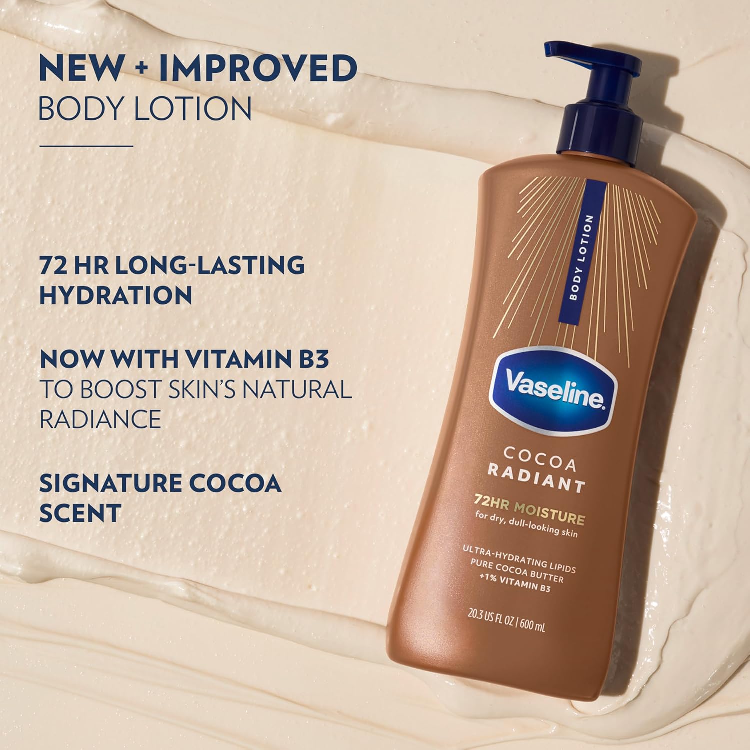 Vaseline Intensive Care Body Lotion Cocoa Radiant 3 count for Dry Skin Lotion Made with Ultra-Hydrating Lipids and PLre Cocoa Butter for a Long-Lasting, Radiant Glow 20.3 Oz
