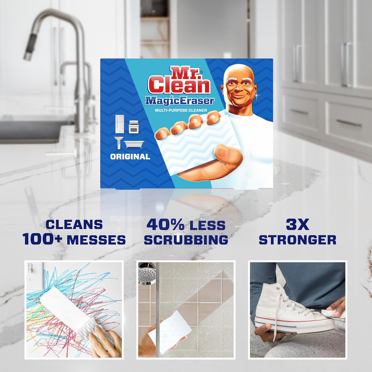 Mr. Clean Magic Eraser Original Cleaning Pads, Multi PLrpose Cleaner, Bathroom Cleaning Supplies, All PLrpose Cleaner, White, 6 Count