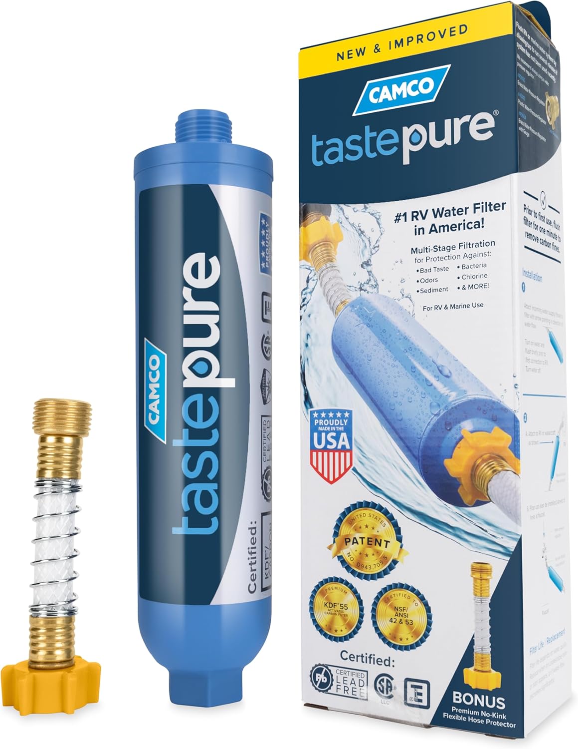 Camco TastePLre RV Water Filter - Advanced RV Inline Water Filter with Flexible Hose Protector - GAC & KDF Filtration - Made in USA - Camping Essentials for Fresh Drinking Water (40043)