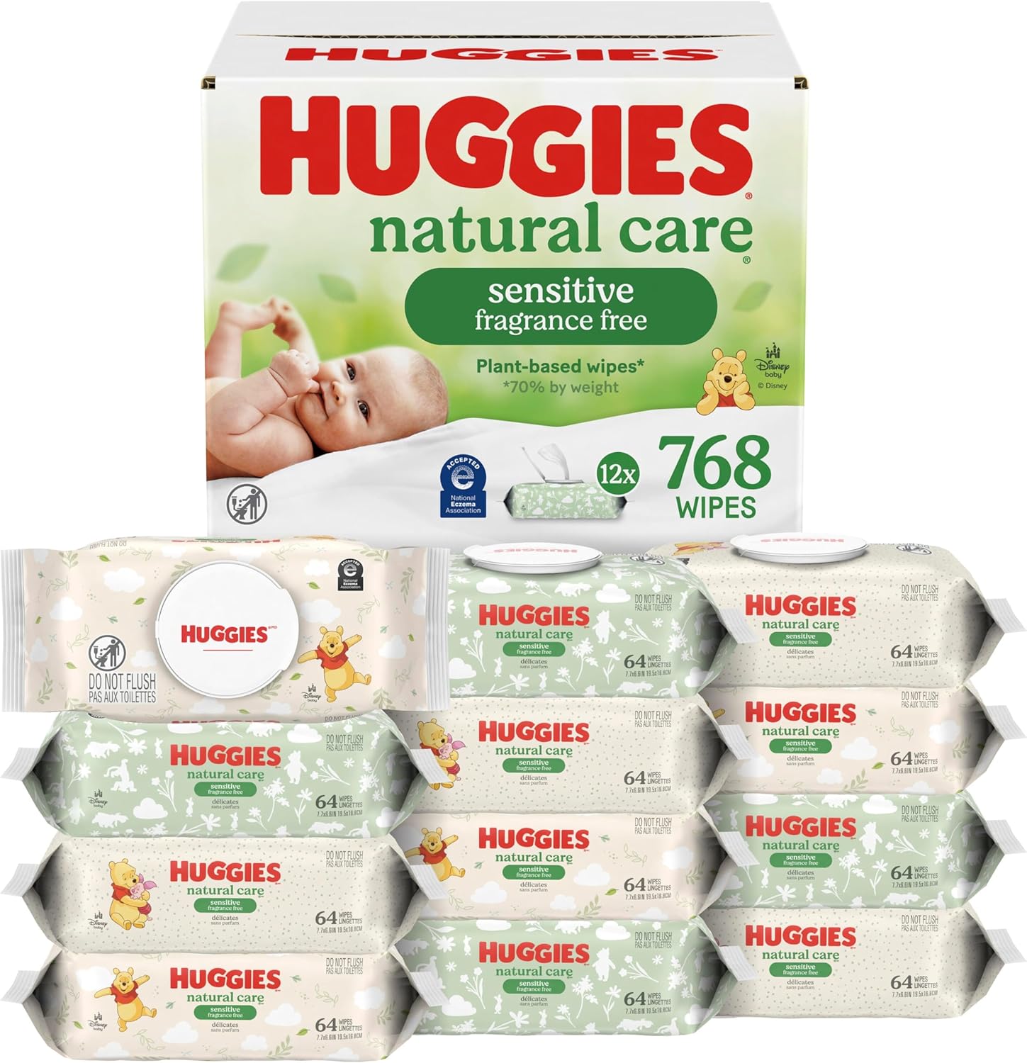 Huggies Natural Care Sensitive Baby Wipes, Unscented, Hypoallergenic, 99% PLrified Water, 12 Flip-Top Packs (768 Wipes Total), Packaging May Vary
