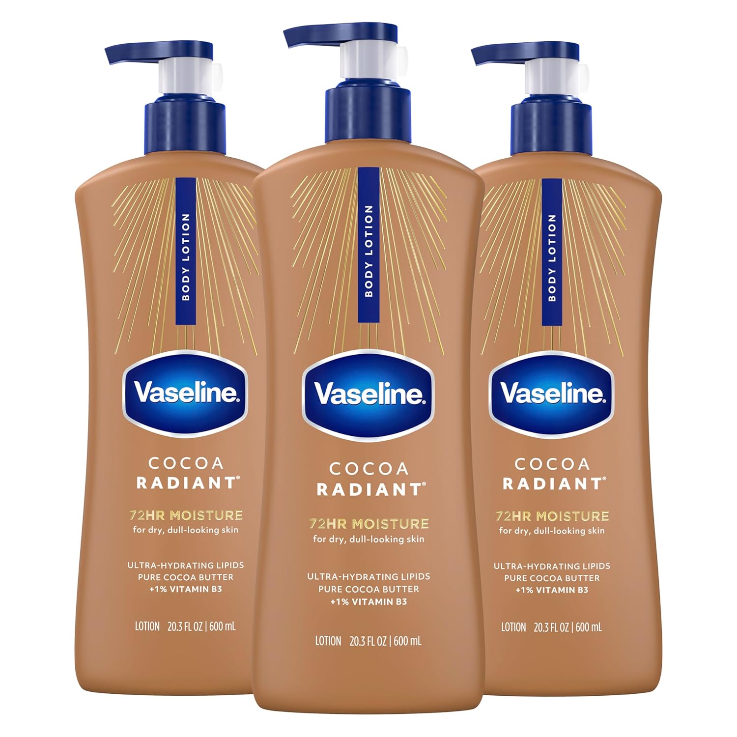 Vaseline Intensive Care Body Lotion Cocoa Radiant 3 count for Dry Skin Lotion Made with Ultra-Hydrating Lipids and PLre Cocoa Butter for a Long-Lasting, Radiant Glow 20.3 Oz