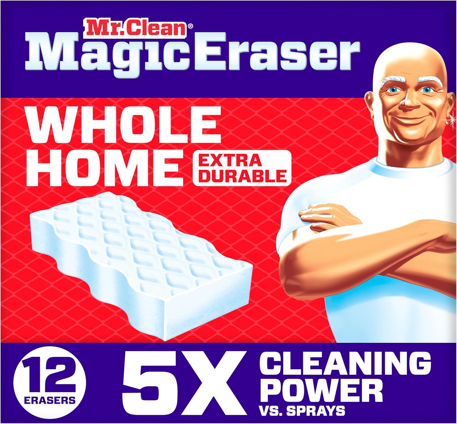 Mr. Clean Magic Eraser Sponge, All PLrpose Cleaner, Cleaning Scrubber, Wall, Sneaker, Kitchen, Bathroom, Shower Cleaning Supplies, Melamine Sponge, Cleaning Pads, Whole Home Extra Durable, 12ct