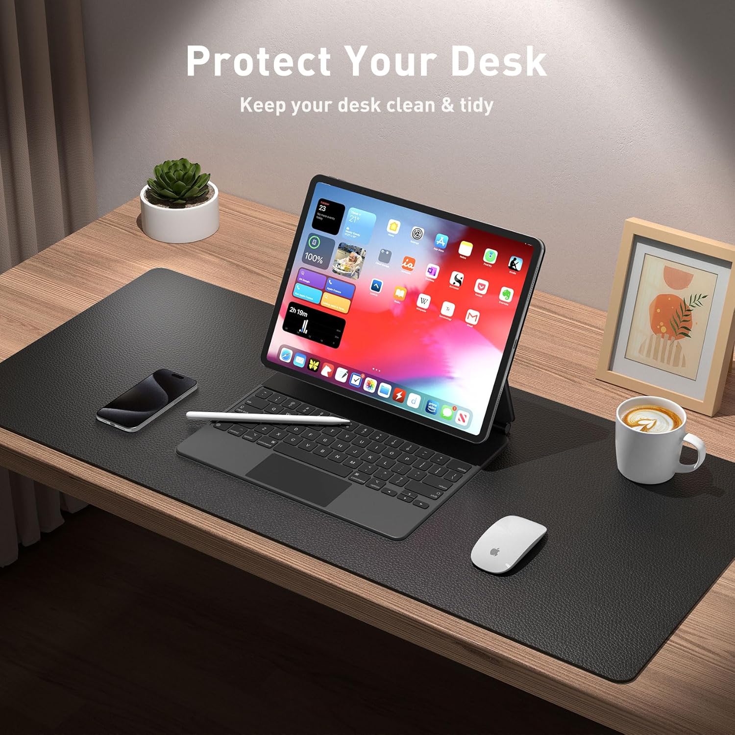 Aothia Non-Slip Waterproof PL Leather Desk Pad Protector for Mouse, Writing Desk, Office, Home, Laptop Blotter, 23.6" x 13.7", Black