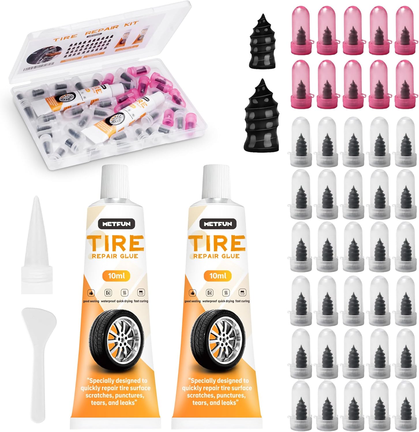40 PCS Tire Repair Rubber Nails Kit with 2 Tubes of Black Tire Sealant Glue, 2026 New Screw in Tire Plugs Kit, Fast Self-Service Tire Repair Screws Kit for Car Motorcycle Truck Tractor PLncture Repair