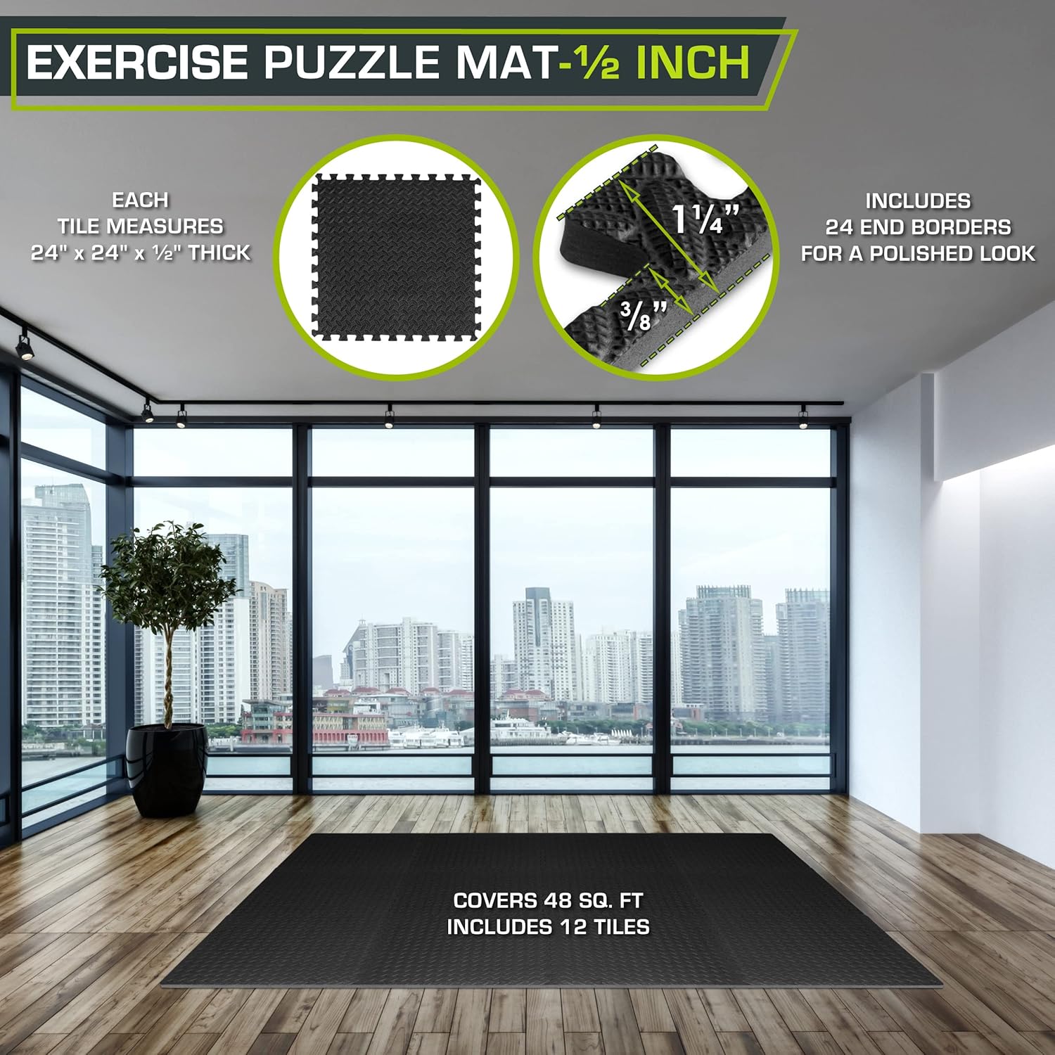 ProsourceFit PLzzle Exercise Mat ½ in, EVA Interlocking Foam Floor Tiles for Home Gym, Water-Resistant Mats Workout Equipment, Floor Padding for Kids, Black, 24 in x 24 in x ½ in, 48 Sq Ft - 12 Tiles