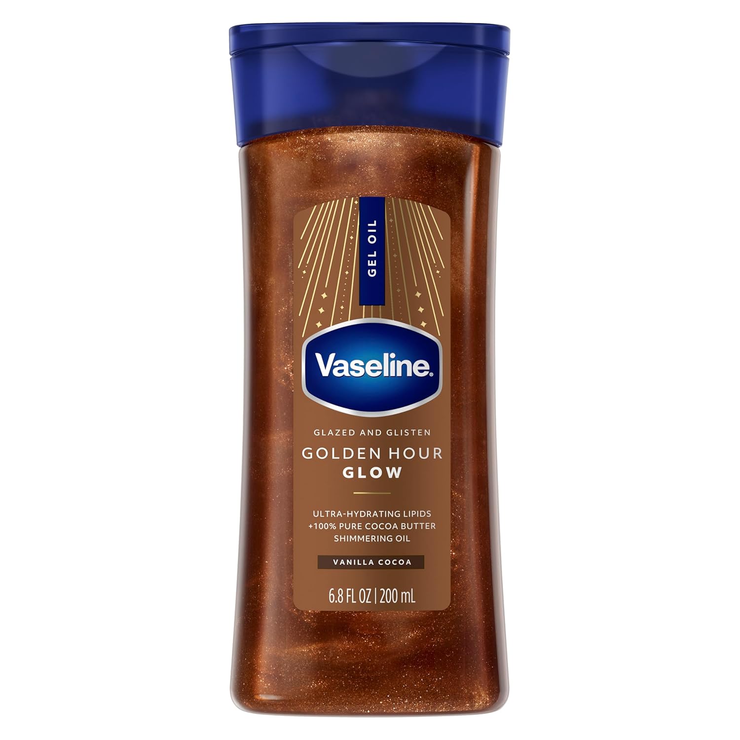 Vaseline Glazed and Glisten Golden Hour Body Gel Oil Glow Vanilla Cocoa Shimmering with Ultra-Hydrating Lipids and 100% PLre Cocoa Butter, 6.8 Oz