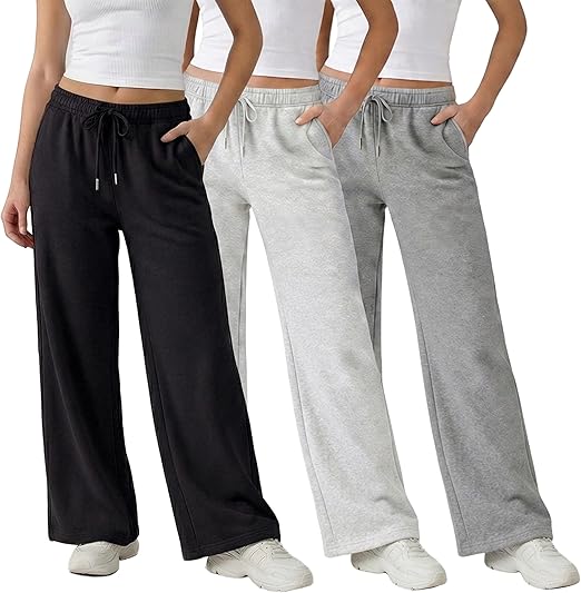 Common Stitch 3 Pack Wide Leg Fleece Lounge Sweatpants for Women — Deep Pockets, Relaxed Fit, Elastic Drawstring Waist