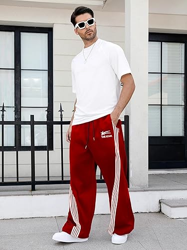GORGLITTER Men's Baggy Wide Leg Sweatpants Y2K Striped Side Drawstring Waist Barrel Track Pants with Pockets