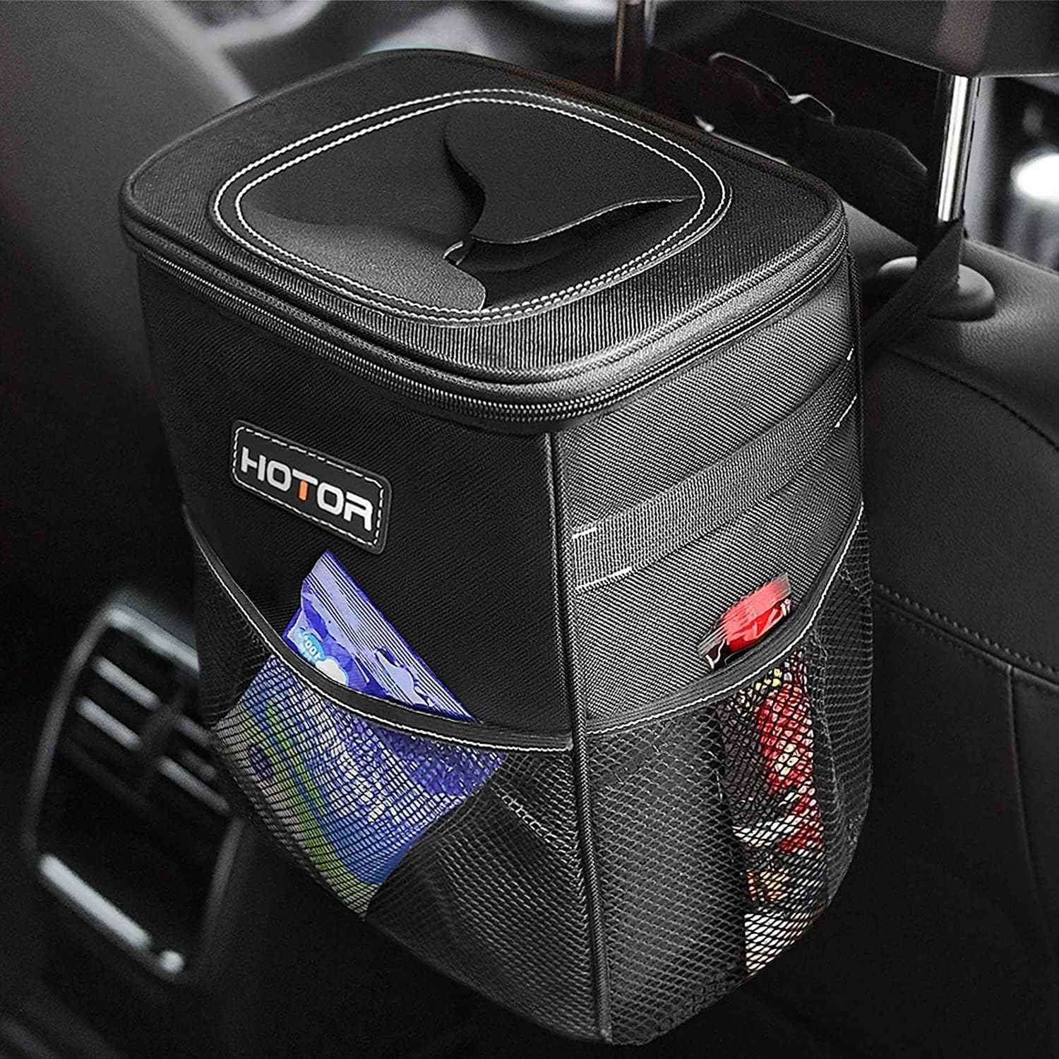 HOTOR Car Trash Can with Lid and Storage Pockets - 100% Leak-Proof Organizer, Waterproof Garbage Can, MultiPLrpose Trash Bin for Car, 2 Gallons, Black