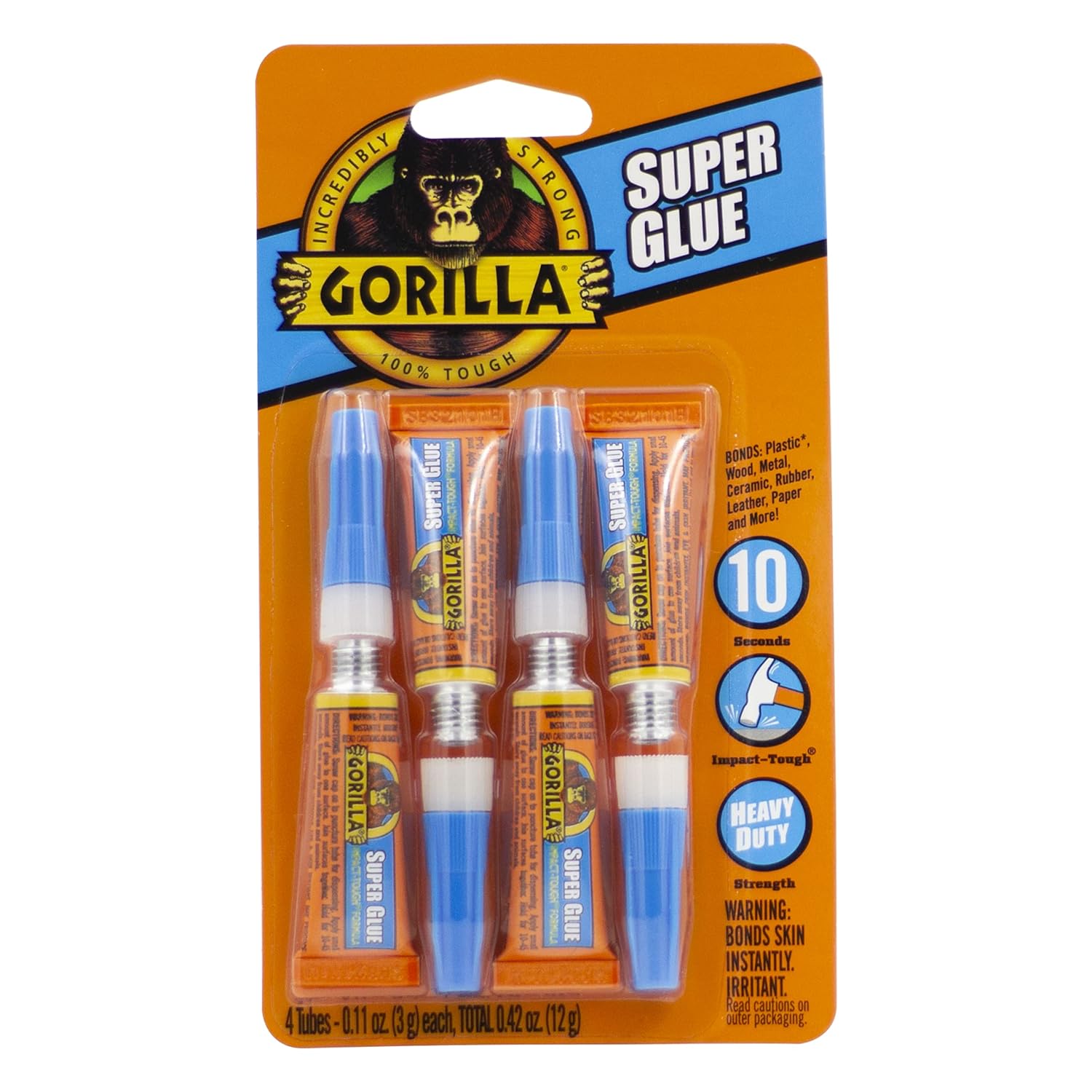 Gorilla Super Glue, Fast‑Setting, Impact‑Tough All‑PLrpose Adhesive with Anti-Clog Cap, 4 -3 g Tubes, (Pack of 1) - Clear