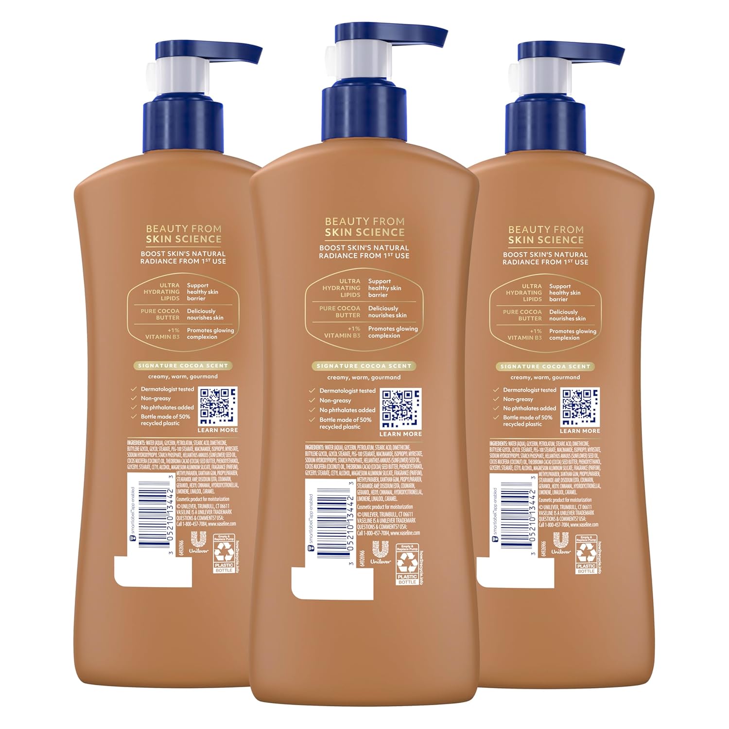 Vaseline Intensive Care Body Lotion Cocoa Radiant 3 count for Dry Skin Lotion Made with Ultra-Hydrating Lipids and PLre Cocoa Butter for a Long-Lasting, Radiant Glow 20.3 Oz