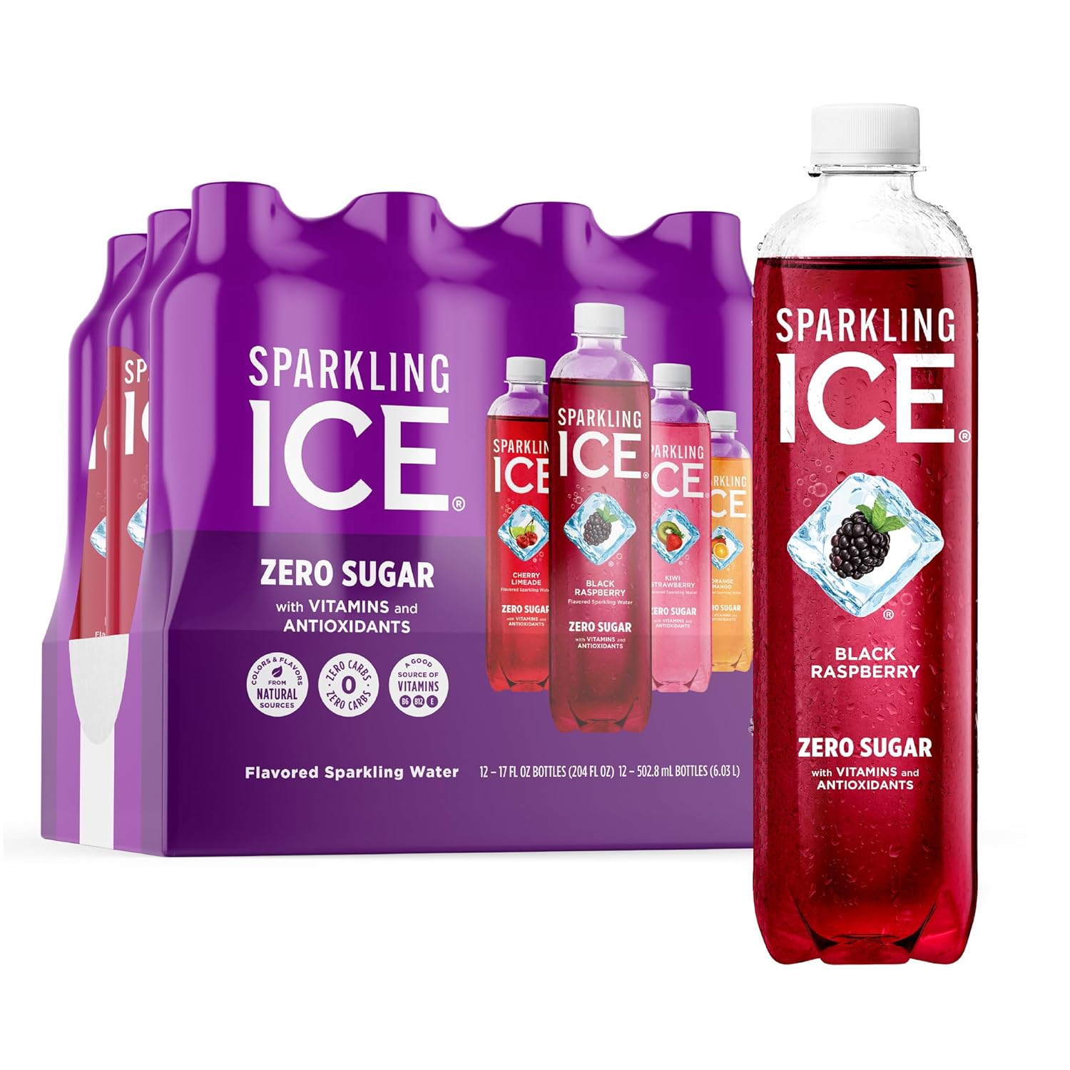 Sparkling Ice PLrple Variety Pack, Flavored Water, Zero Sugar, with Vitamins and Antioxidants, 17 fl oz, 12 count (Black Raspberry, Cherry Limeade, Orange Mango, Kiwi Strawberry)