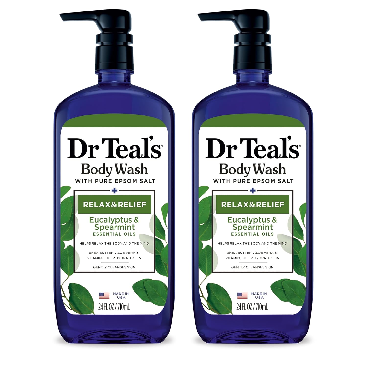 Dr Teal's Body Wash with PLre Epsom Salt, Relax & Relief with Eucalyptus & Spearmint, 24 fl oz (Pack of 2)