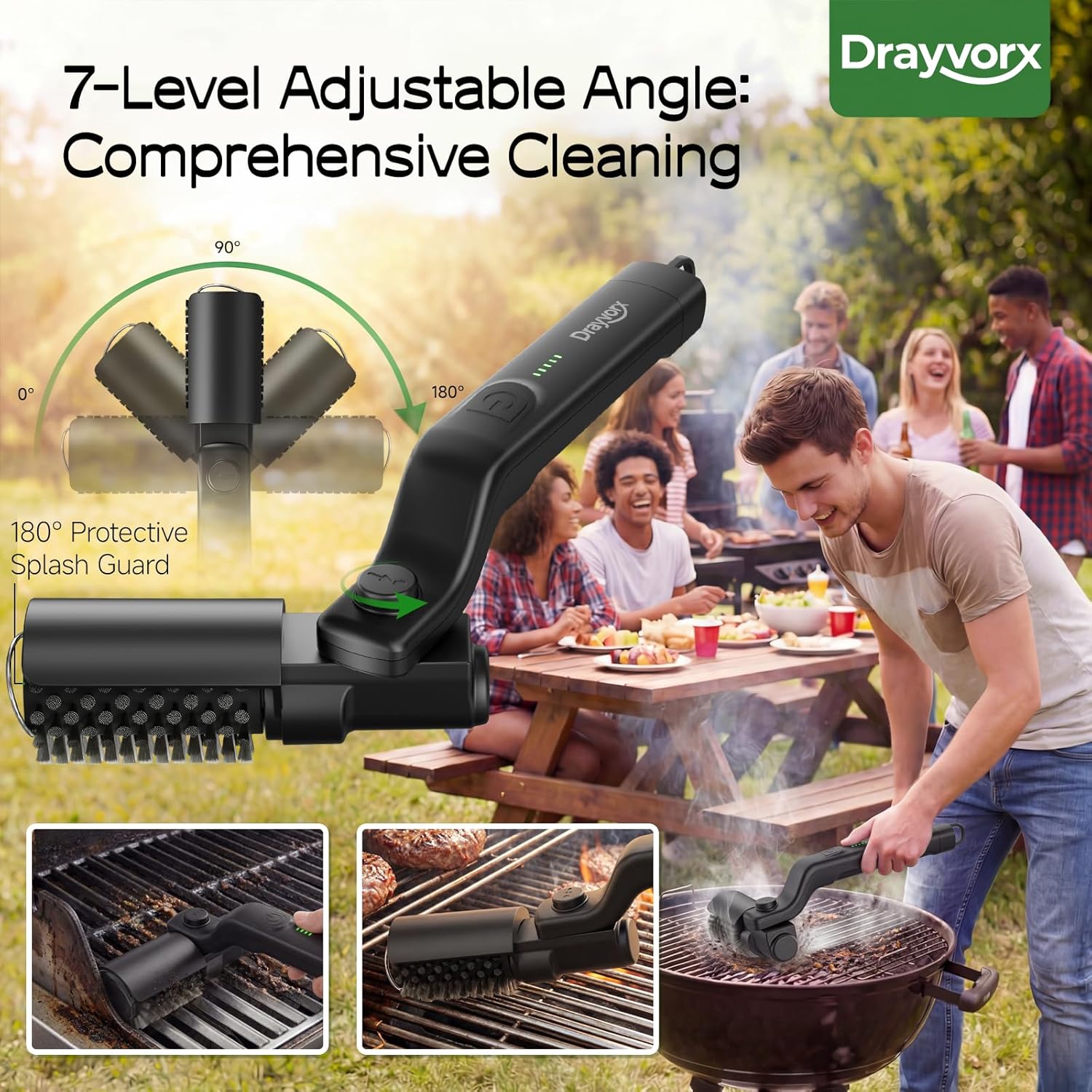 Electric Grill Brush, High Torque Grill Brush with 3-Speed Modes, 20kg Max Torque BBQ Cleaner Safe for Porcelain Cast Iron Stainless Steel, Reinforced Steel Bristles, Type-C Rechargeable