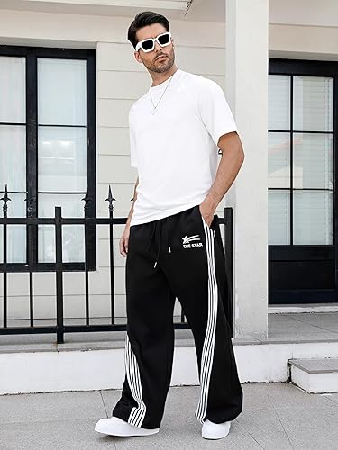 GORGLITTER Men's Baggy Wide Leg Sweatpants Y2K Striped Side Drawstring Waist Barrel Track Pants with Pockets