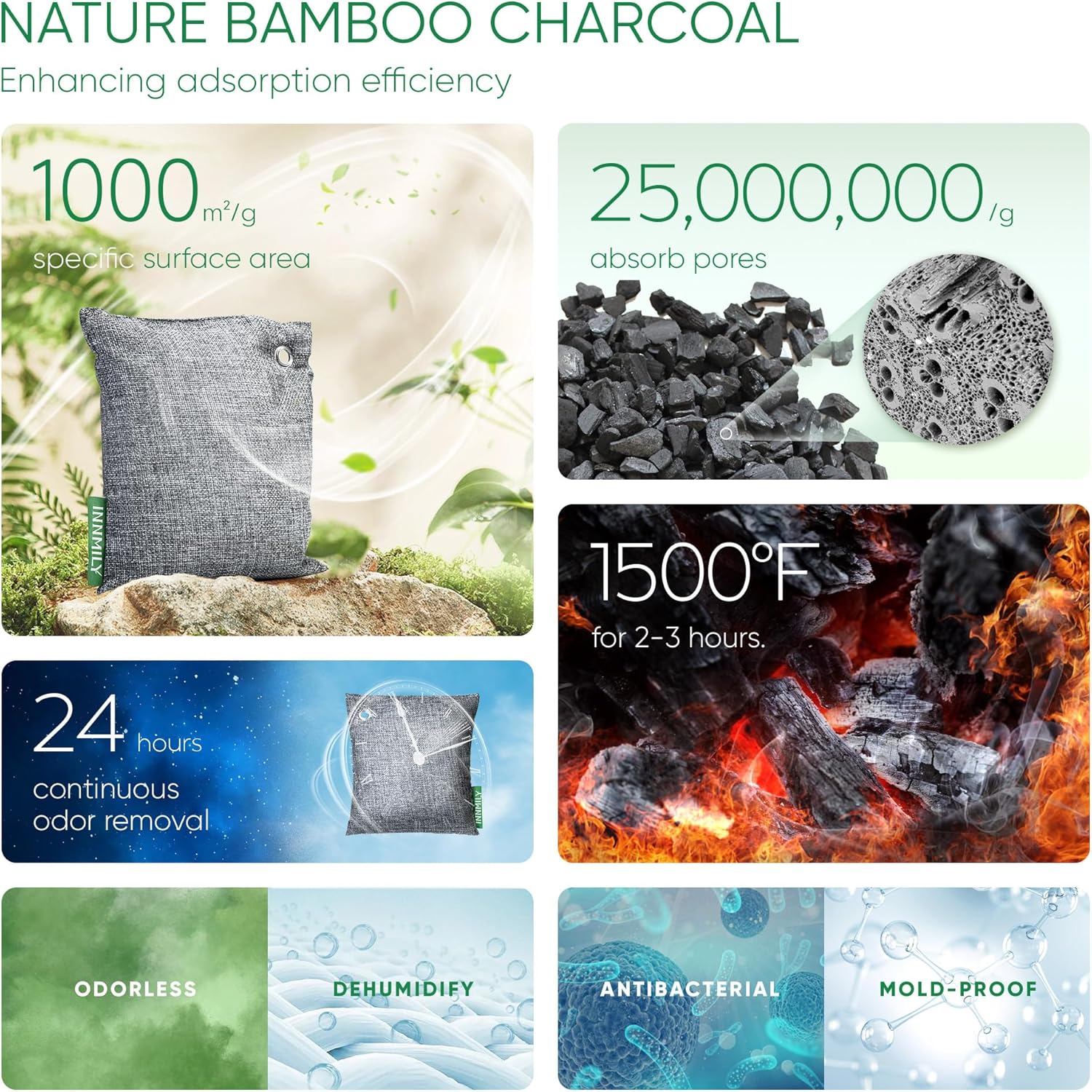 Activated Charcoal Odor Absorber, 6 Pack Natural Shoe Odor Eliminator, Bamboo Charcoal Air PLrifying Bags, Sneaker Deodorizer and Moisture Absorbers for Clean Footwear, Shoe Odor Remover