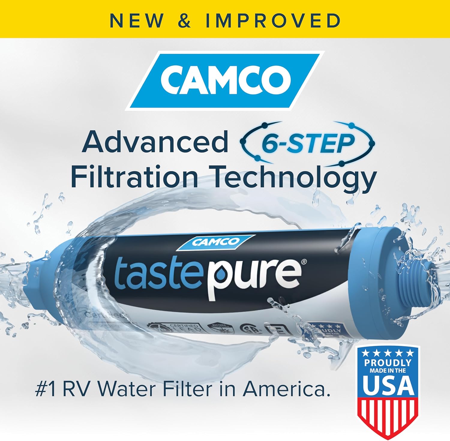 Camco TastePLre RV Water Filter - Advanced RV Inline Water Filter with Flexible Hose Protector - GAC & KDF Filtration - Made in USA - Camping Essentials for Fresh Drinking Water (40043)