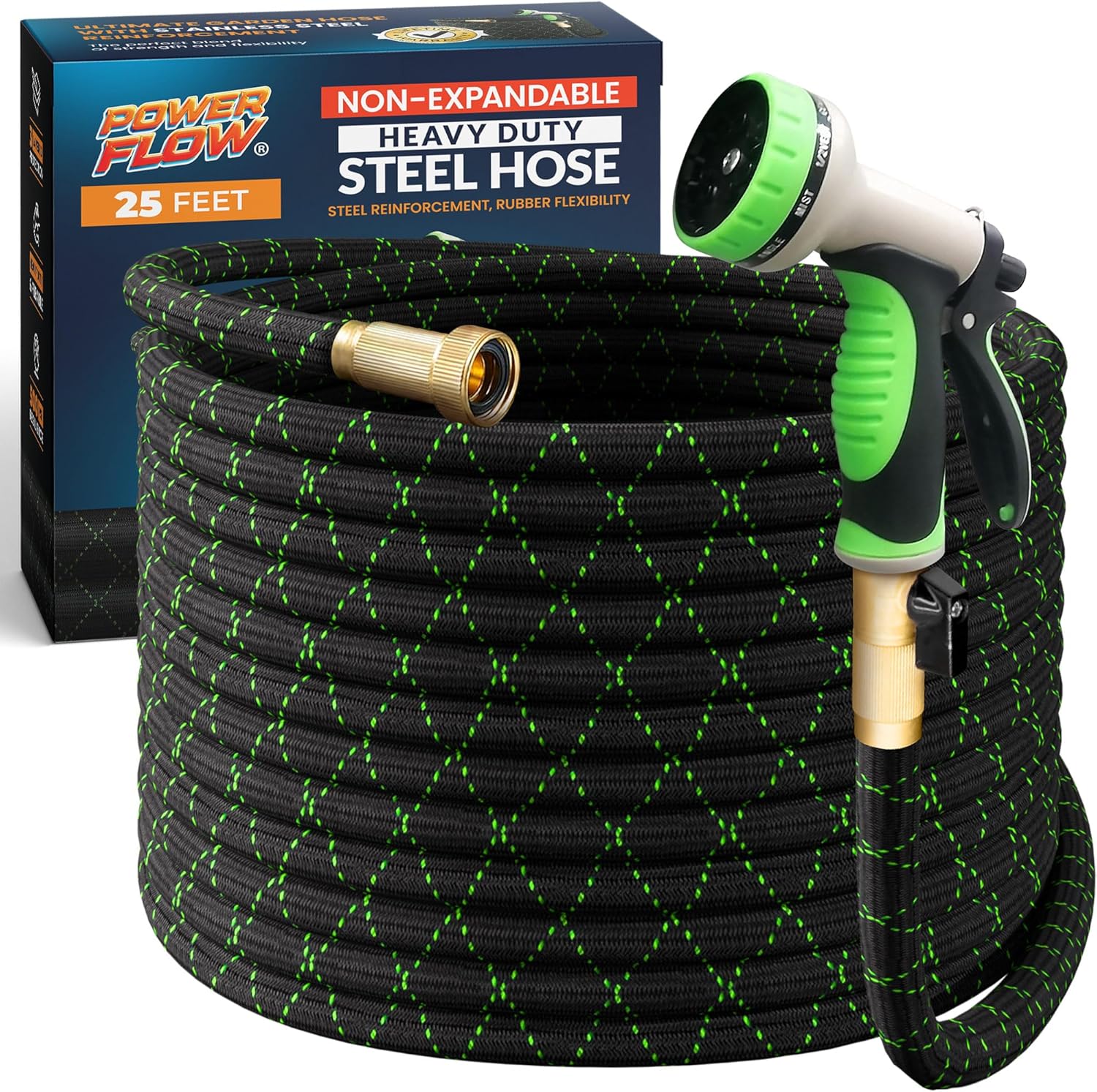 PowerFlow Garden Hose, NON-EXPANDABLE 25 Feet Premium Quality Stainless Steel Metal Water Hose with Durable Fabric Skin, Hose For Commercial, Residential Use, Bonus 10-way Spray Nozzle (25 Ft, Black)