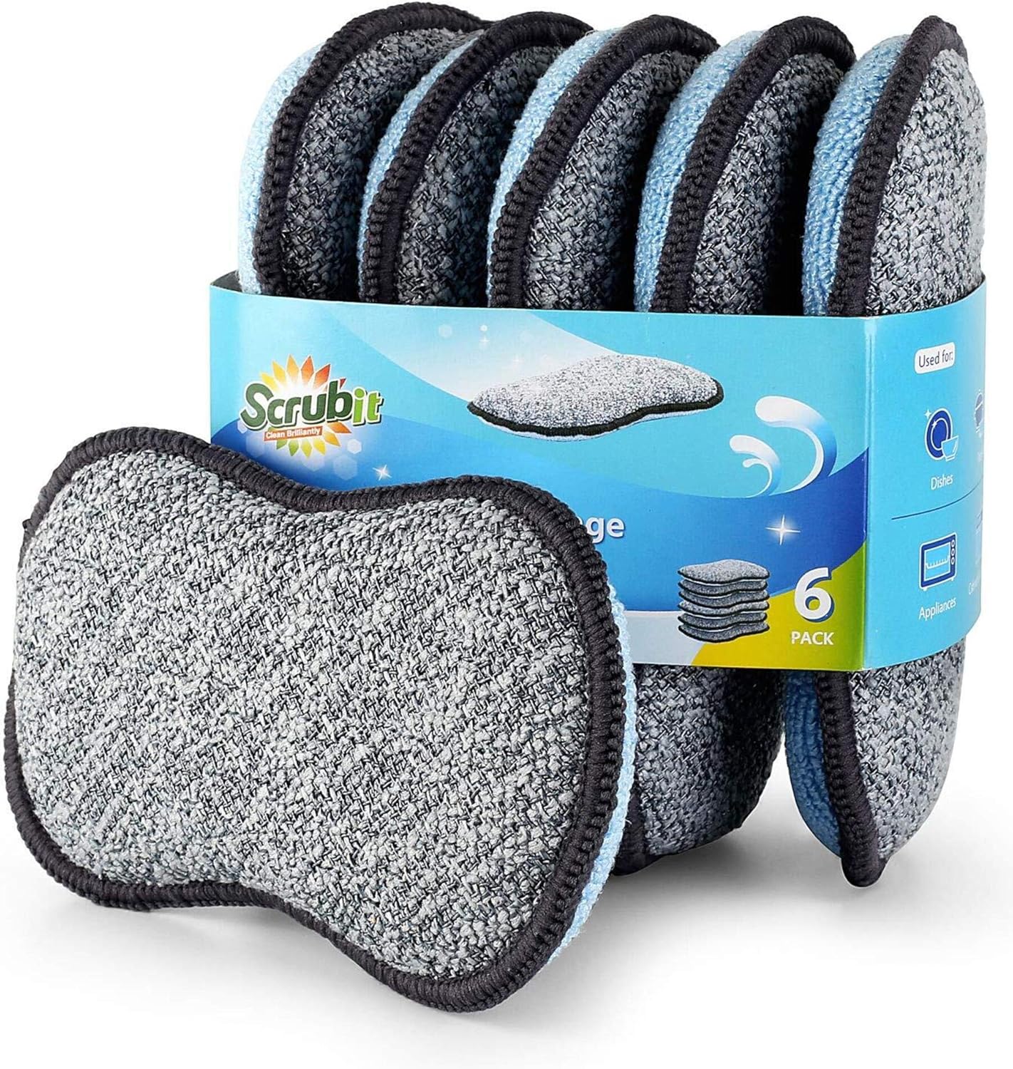 Multi-PLrpose Sponges Kitchen by Scrub-it - Non-Scratch Microfiber sponges for Cleaning, Along with Heavy Duty Scrubbing Power - Reusable Dish Sponge for Dishes, Pots and Pans (6 Pack, Small)