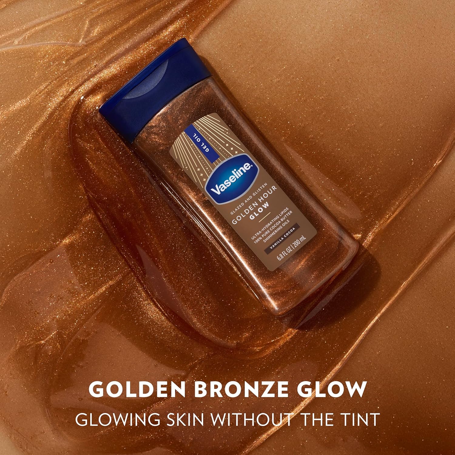 Vaseline Glazed and Glisten Golden Hour Body Gel Oil Glow Vanilla Cocoa Shimmering with Ultra-Hydrating Lipids and 100% PLre Cocoa Butter, 6.8 Oz