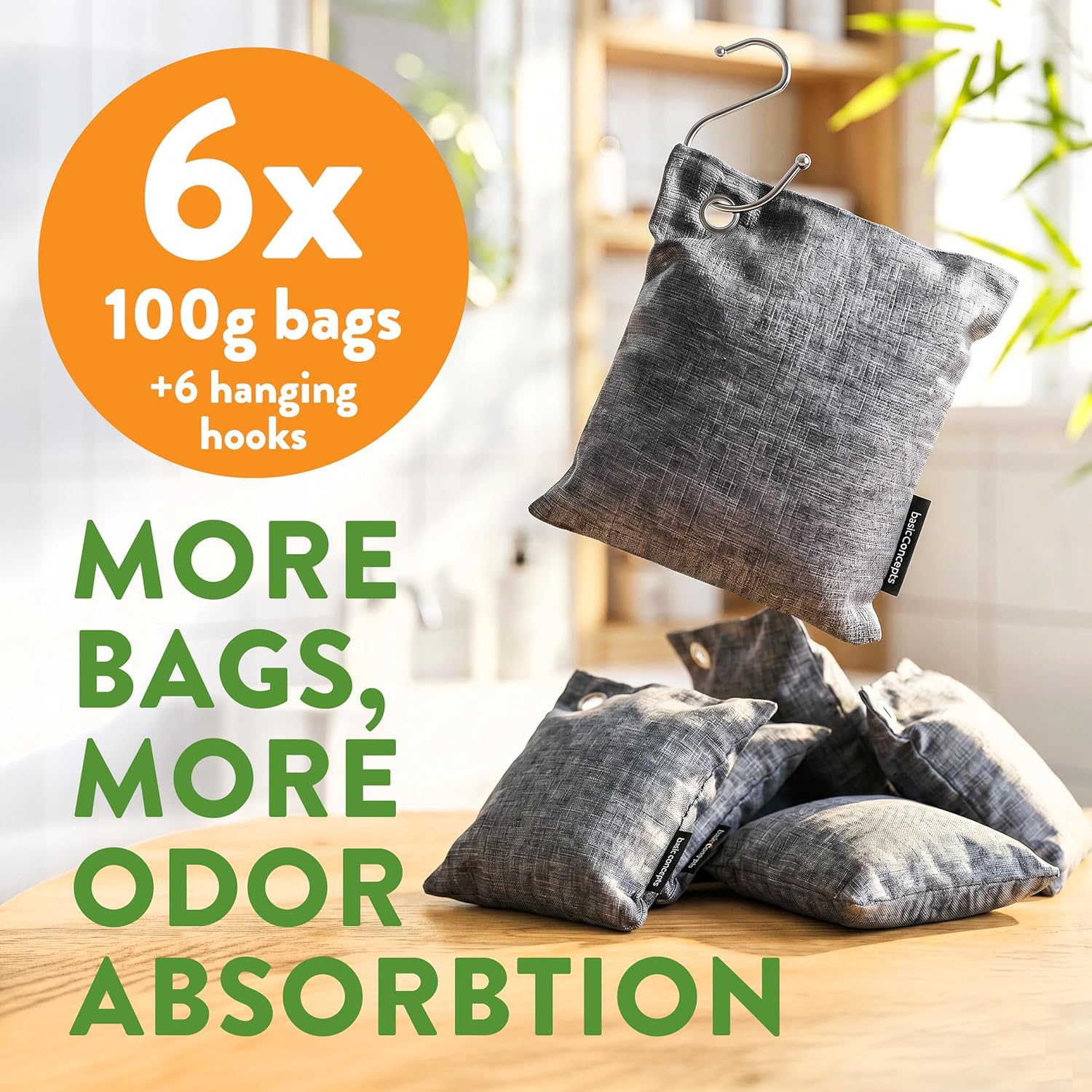 Charcoal Odor Absorber for Strong Odor (6 Pack, 100g each), Bamboo Charcoal Air PLrifying Bag, Basement Musty Odor Eliminator Deodorizer, Activated Charcoal Odor Absorber for Closet, Shoe, Car